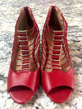 Red Strappy Peep-Toe Women's Heels